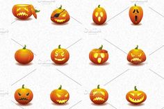 halloween pumpkins with different faces and expressions on white background, set of twelve icons