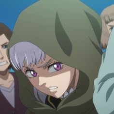 an anime character wearing a hoodie with two other characters in the background looking on