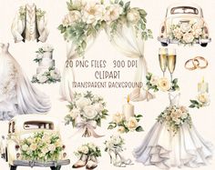 wedding clipart set with white flowers and bride's dress, champagne glasses, bouquets