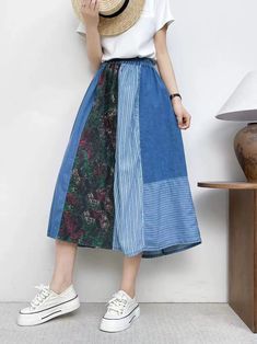 Babakud Women Summer Retro Versatile Skirt Casual Cotton Lined Skirt, Cotton Lined Flowy Skirt, Casual Lined Cotton Denim Skirt, Casual Patchwork Skirt, Flowy Cotton Lined Skirt, Spring Casual A-line Bottoms, Blue A-line Bottoms With Pockets, Cotton Lined Flared Skirt, Relaxed Cotton Midi Skirt