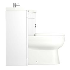 a white toilet sitting next to a tall cabinet with its door open and the lid closed