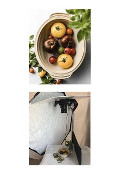 two photographs of tomatoes in a bowl and an image of a camera on a tripod