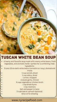 the recipe for tuscan white bean soup is shown in an image with text overlay