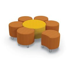 an orange and yellow circular seating area with four stools around the perimeter, on white background