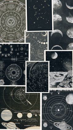 many different pictures of planets in black and white