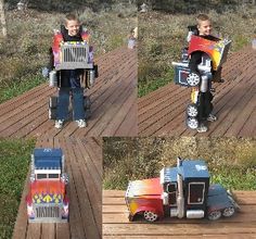 four different pictures of a boy in a toy truck with his own car and motorbike