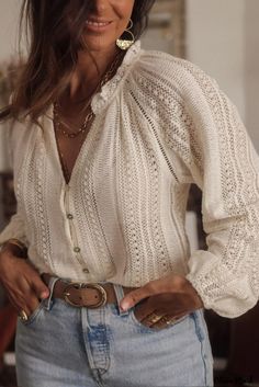 Olivia Mark - V-Neck Button Up Shirt - Plus Size, Lace Hollow Out Design Lace Back Sweater, V Nevk Sweater, Sezane Bianca Blouse, Womens Button Up Sweaters, V Neck Lace Sweater, Knitted Sweater With Lace, Womens Casual Blouses, Womens Blouses Fall, Laced Up Shirt