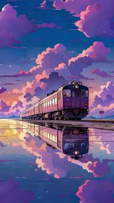 a painting of a train traveling on the tracks with clouds in the sky behind it