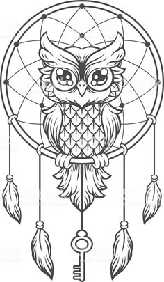 an owl is sitting on top of a dream catcher with feathers and eyes drawn in black ink