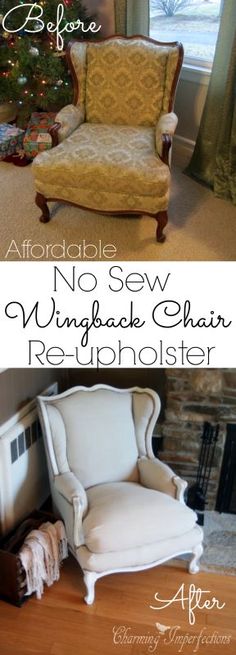 before and after photos of an upholstered wingback chair