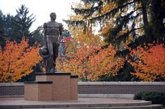 a statue of a man holding a bucket in front of some trees with orange leaves