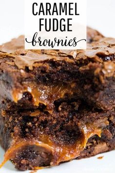 chocolate caramel fudge brownies stacked on top of each other with the title overlay