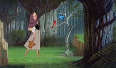 an animated image of a woman in the woods with a bird flying above her head