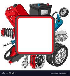 a red motorcycle with tools on it and a blank sign in the middle for your text