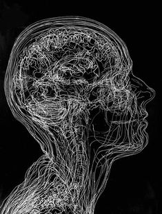 a black and white drawing of a woman's head with lines coming out of it