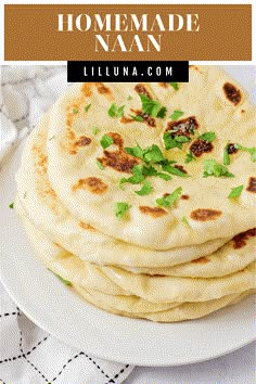 homemade naan on a white plate with text overlay