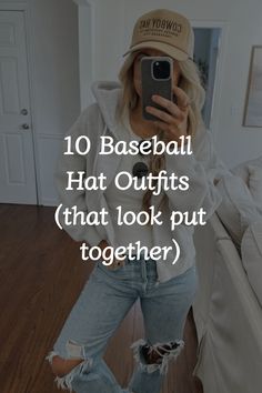 Embrace a simple, yet cute aesthetic with these stylish baseball hats outfits that are perfect for any casual day out. Elevate your look with minimal effort and maximum style with these easy-to-wear accessories. Women Cap Outfit Summer, Summer Outfit With Baseball Hat, Hair In Ball Cap Style, How To Style A Baseball Hat Women, Baseball Hat Curly Hair, Outfit With Ball Cap, How To Style A Baseball Hat, Outfits With Ball Caps For Women, Summer Outfits With Baseball Hats