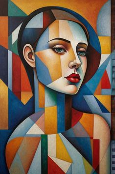 a painting of a woman's face with geometric shapes