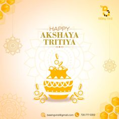 happy akshaya tritiya greeting card with honeycombs on yellow background