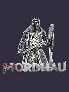 a drawing of a man in armor holding a snowboard and skis with the word mornhau on it