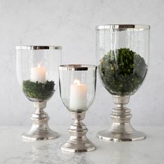 three glass vases filled with plants and lit candles