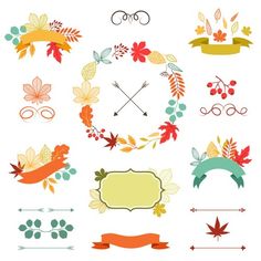 an assortment of autumn leaves and ribbons