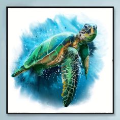 a painting of a green sea turtle swimming in the blue water with splashes on it's back