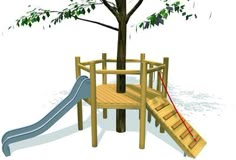 a wooden play set with a slide and tree