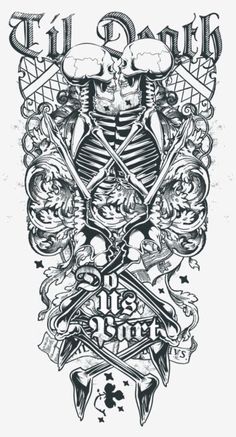 a black and white drawing of a skeleton with two crossed swords on it's chest