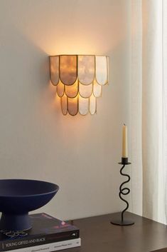 a wall light that is on the side of a table