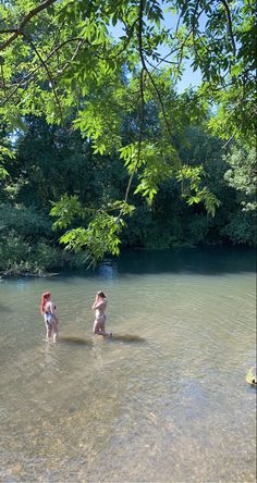 two children are wading in the shallow water near some green trees and blue sky