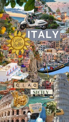 the collage shows many different types of buildings, and there is an image of italy