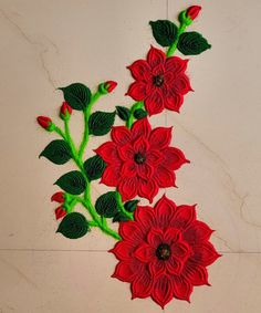 some red flowers and green leaves on a white surface