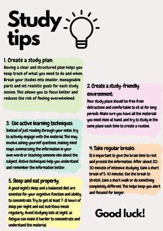 a poster with the words study tips written in black and white, along with an image of a lightbulb