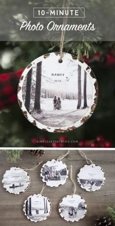 christmas ornaments hanging from a tree with the words 10 - minute photo ornaments on them