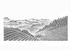 a black and white drawing of mountains with trees in the foreground, and hills on the far side