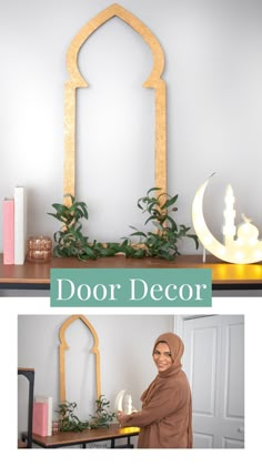 a woman standing in front of a mirror with the words door decor above her head