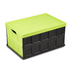 a green plastic storage box with black handles and drawers on the bottom, isolated against a white background