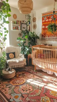 a baby's room with a crib, rocking chair and potted plants