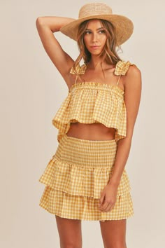 Daveigh Ruffle Crop Top and Skirt Set-Outfits-mable-Shop with Bloom West Boutique, Women's Fashion Boutique, Located in Houma, Louisiana 2 Piece Outfit Set Skirts, Lsu Game Day, Lsu Game, Plaid Clothing, Crop Top And Skirt Set, Layered Mini Skirt, Plaid Tank Top, Ruffle Outfit, Smocked Skirt