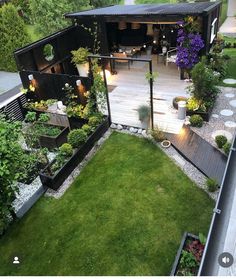 an aerial view of a backyard with lots of green grass and plants on the ground