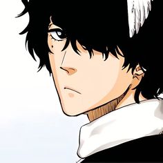 an anime character with black hair and white collared shirt looking to his left side