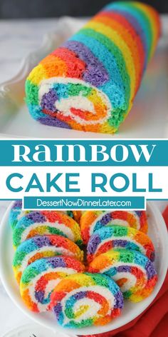 rainbow cake roll on a white plate with red napkin