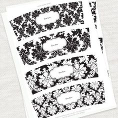 black and white damask labels with the word's name on each one side