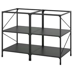 a black shelf unit with four shelves on each side and one section missing from the top