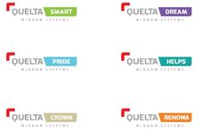 four different logos with the words quetta, smart and window systems on them in various colors