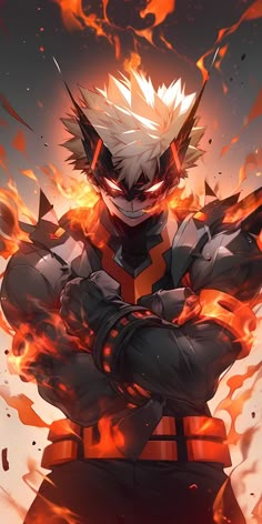 an anime character standing with his arms crossed in front of fire and flames behind him