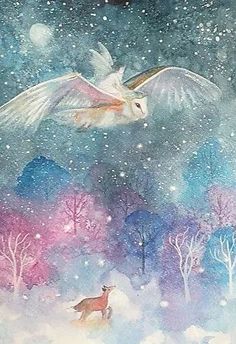 a painting of a dog and a bird flying in the night sky with snow falling all around