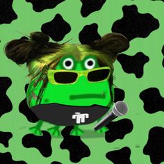 a cartoon character with green hair and sunglasses holding a microphone in front of a cow print background