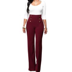 Material: Polyester Style2: Bootcut trousers Waist Type: Mid Waist Fashion Element: Button Color: White, Burgundy, Blue, Black Style Type: Temperament commute Style: Elegant Style Pattern Type: Collage/Stitching Bootcut Trousers, Button Outfit, Top Wedding Dresses, Costume Intero, Bootcut Pants, Ankle Length Pants, Women Pants Casual, Sweater Blouse, Straight Pants